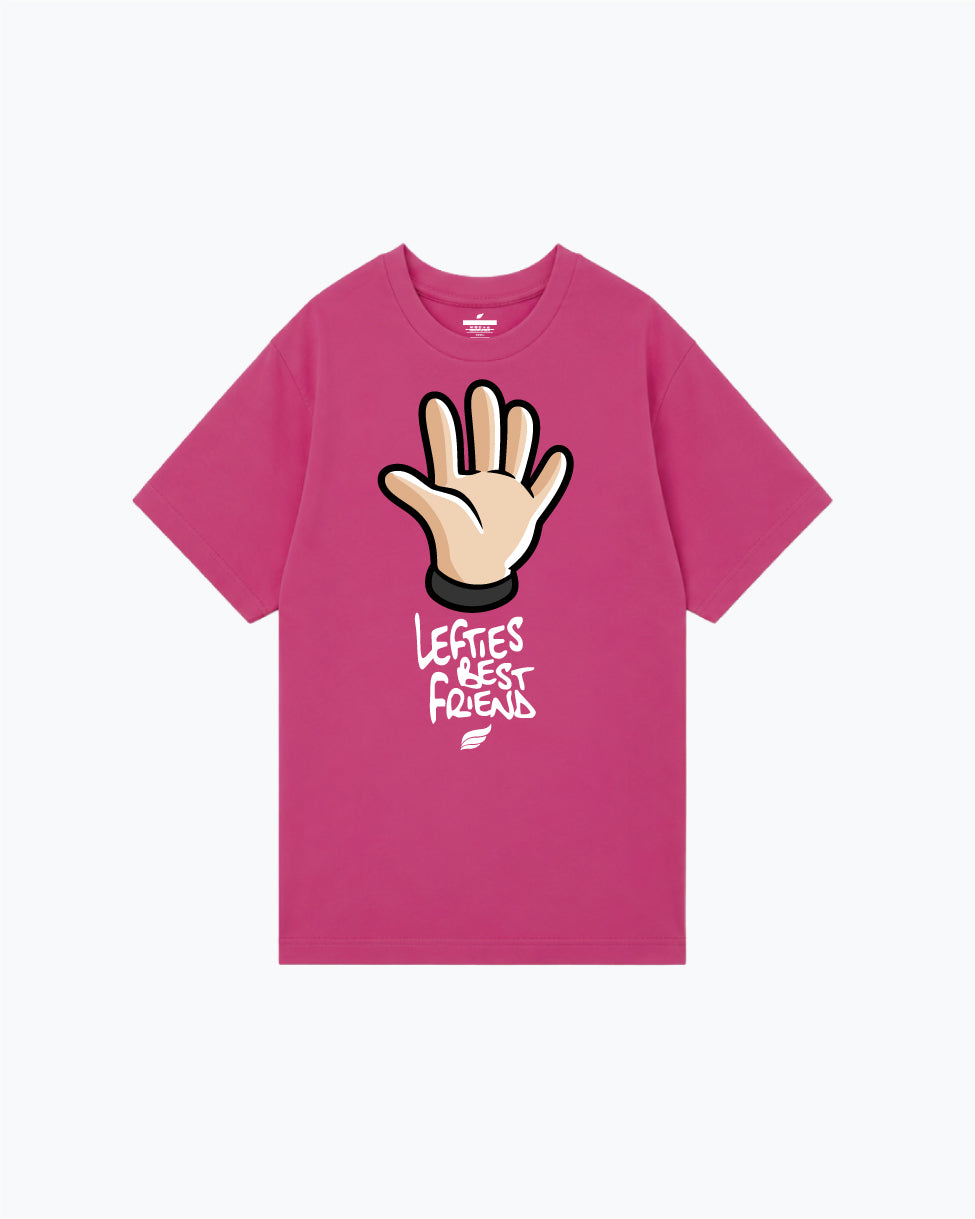 Hot pink tee with cartoon hand graphic and white text design front view