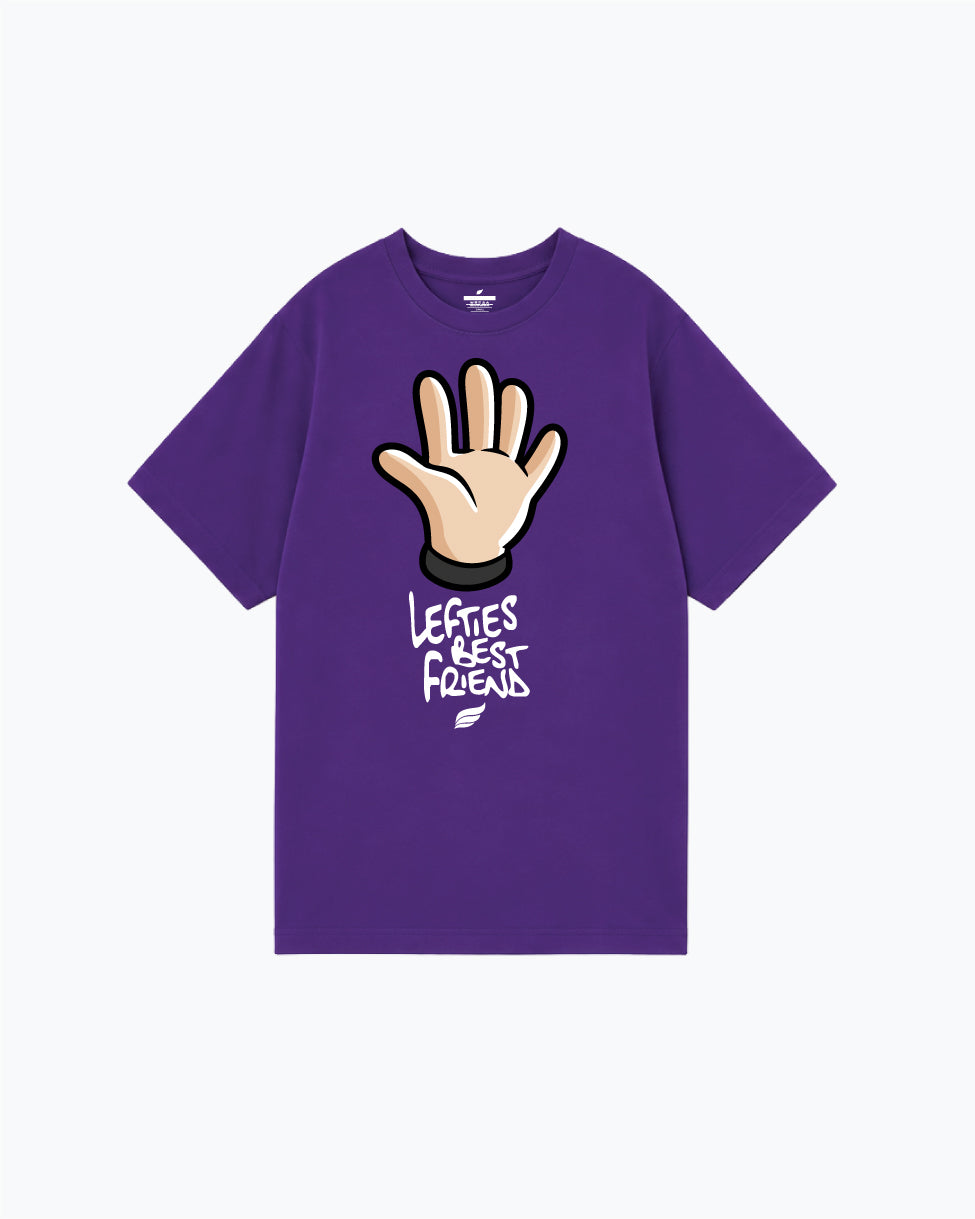 Purple t-shirt with illustrated hand graphic and white text below