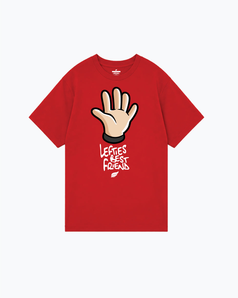 Red t-shirt with illustrated open hand and white text graphic on front