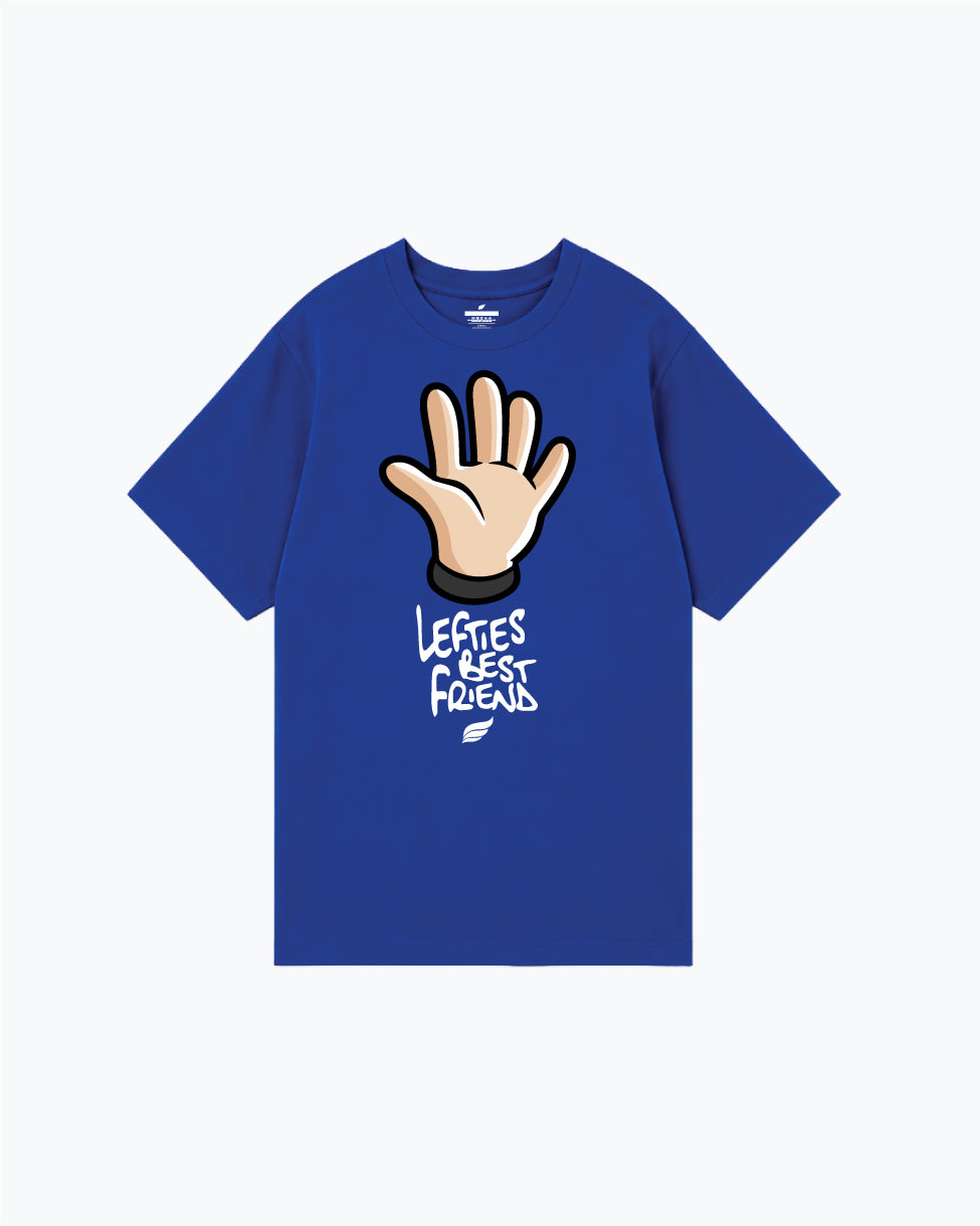Royal blue t-shirt with hand graphic and lefties best friend text