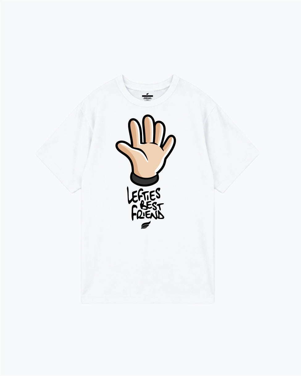 White t-shirt with open hand graphic and text below reading Lefties Best Friends