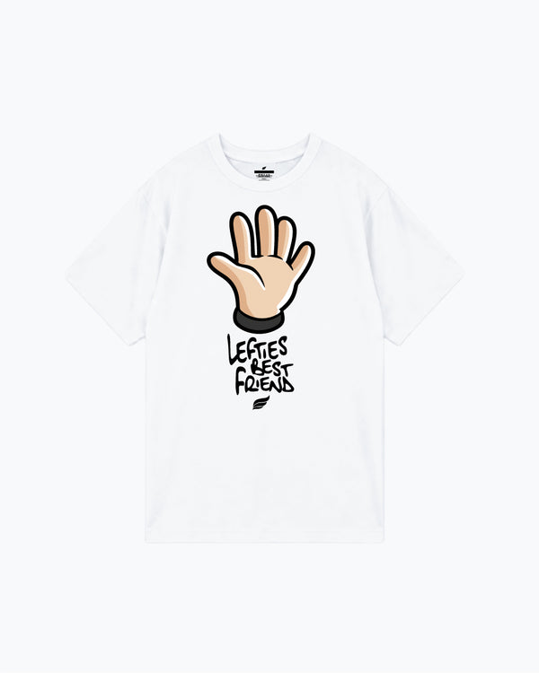 White t-shirt with open hand graphic and text below reading Lefties Best Friends
