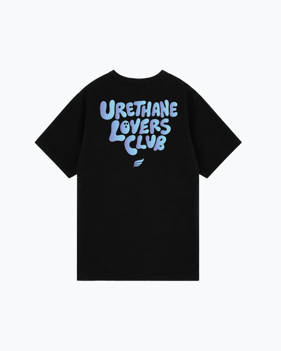 Black t-shirt with blue gradient Urethane Lovers Club text on back