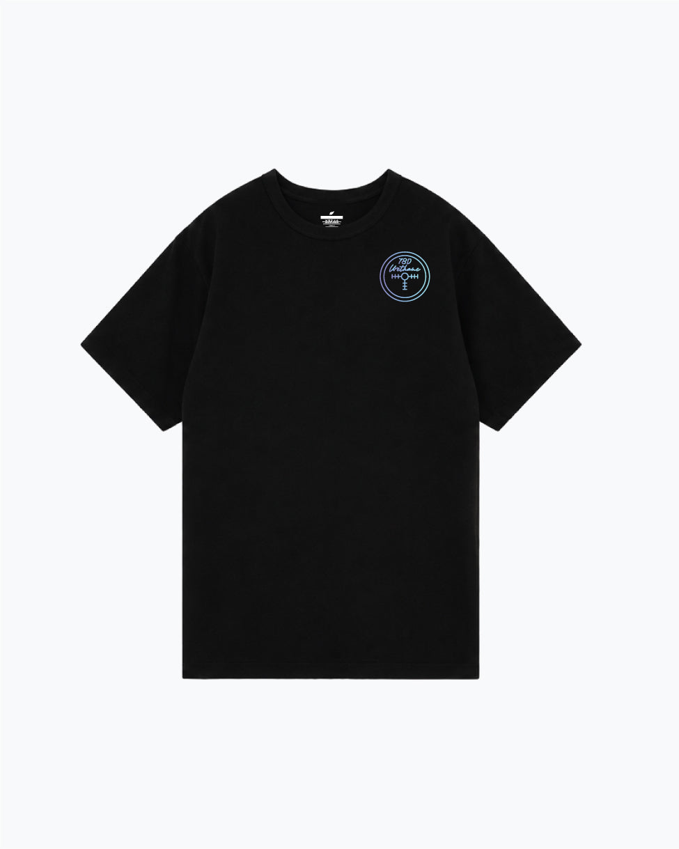 Black short-sleeve t-shirt with small circular blue logo on chest
