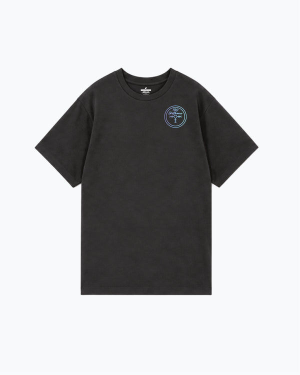 Black short-sleeve t-shirt with blue circular logo graphic on chest