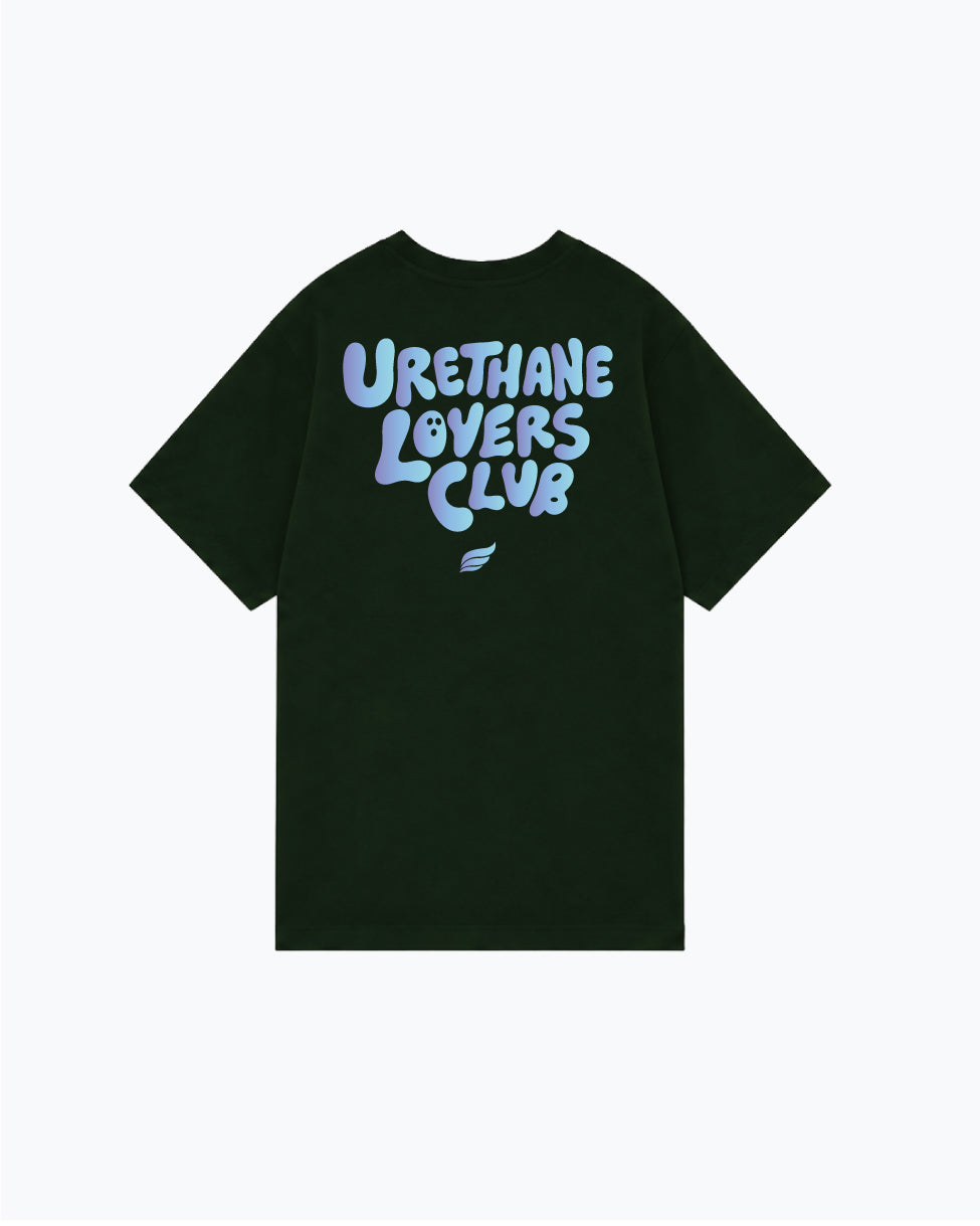 Black t-shirt with light blue Urethane Lovers Club text on back
