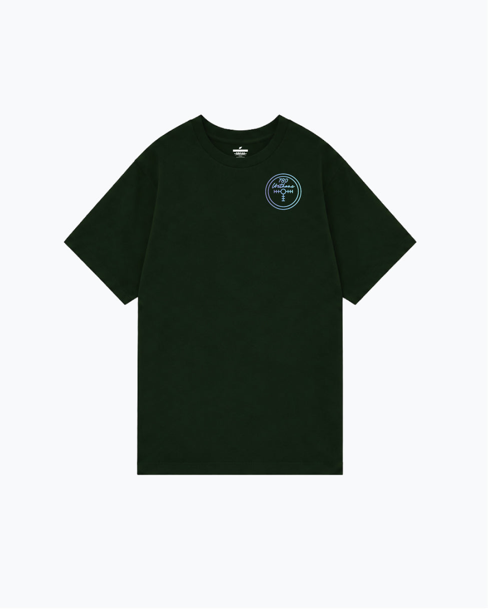 Black short-sleeve tee with circular blue badge graphic on chest