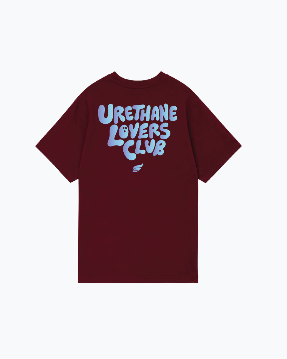 Maroon t-shirt with light blue Urethane Lovers Club text on back