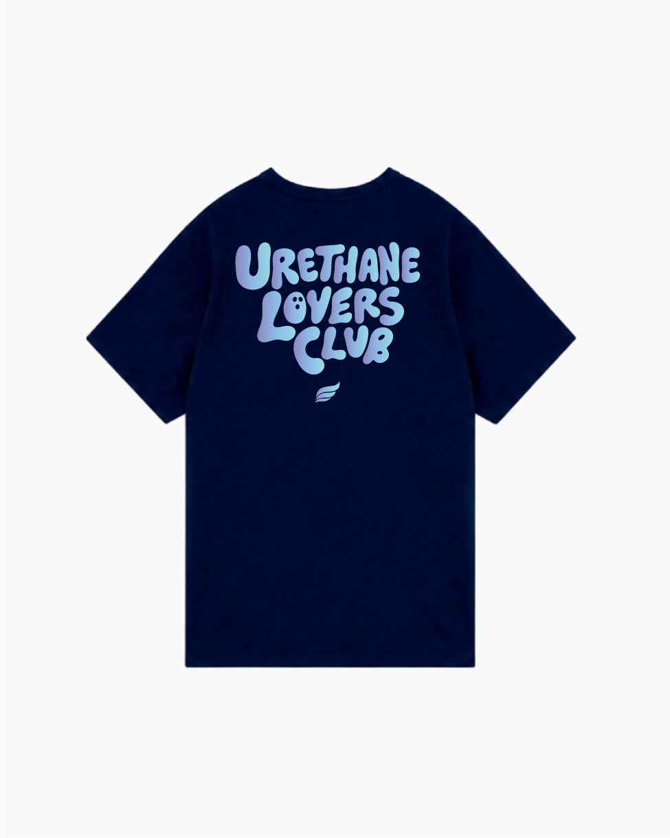 Navy t-shirt with light blue Urethane Lovers Club text on back