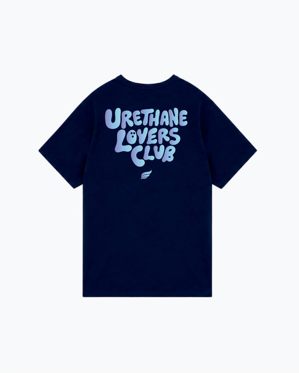 Navy t-shirt with light blue Urethane Lovers Club text on back