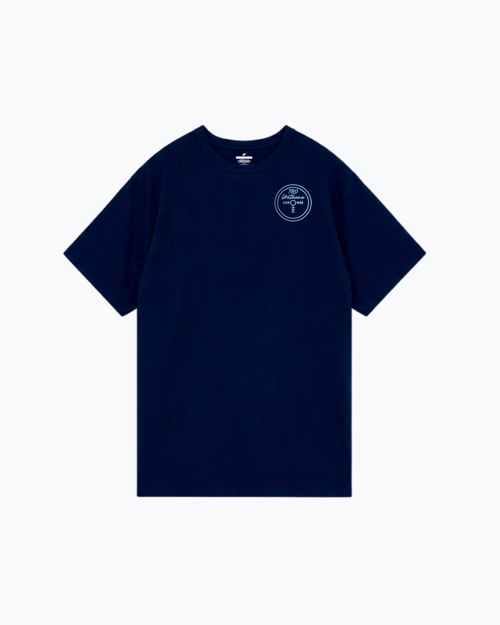 Navy blue short sleeve tee with small circular chest graphic