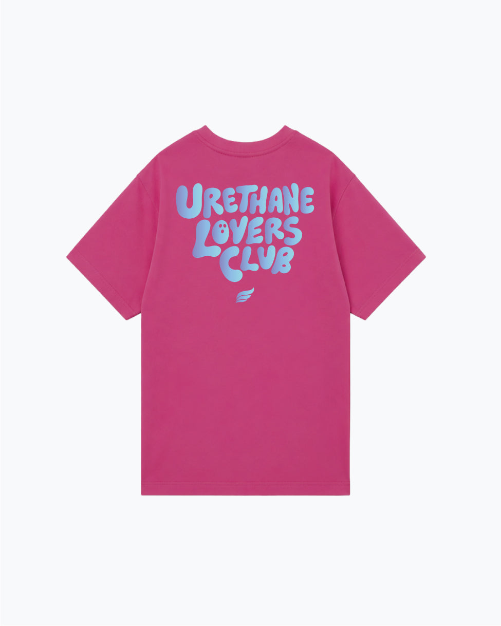 Hot pink t-shirt with light blue Urethane Lovers Club graphic on back