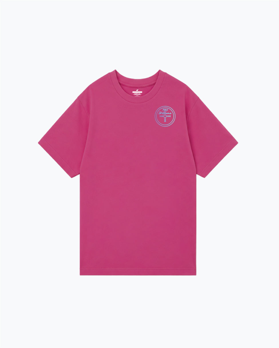Bright pink t-shirt with circular badge logo on chest