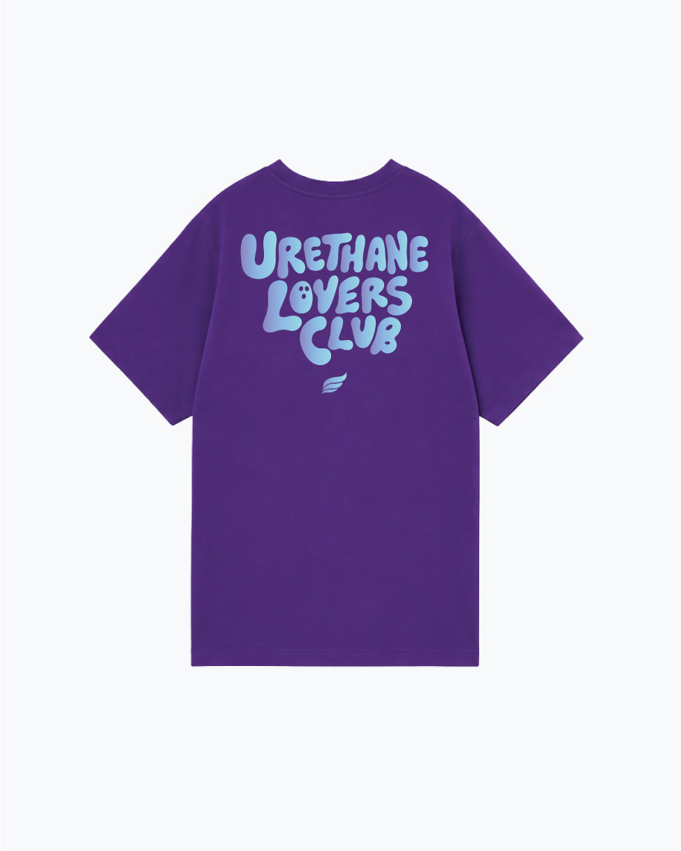 Purple t-shirt with light blue Urethane Lovers Club text on back