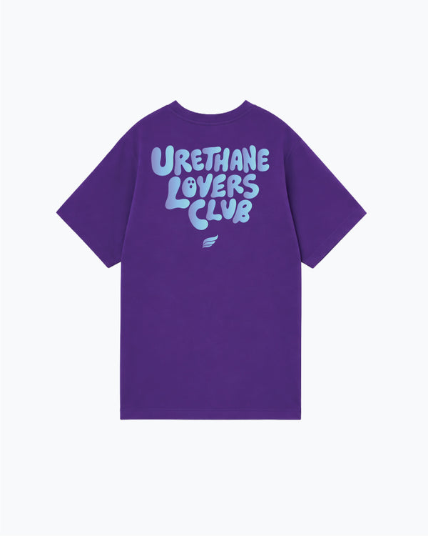 Purple t-shirt with light blue Urethane Lovers Club text on back