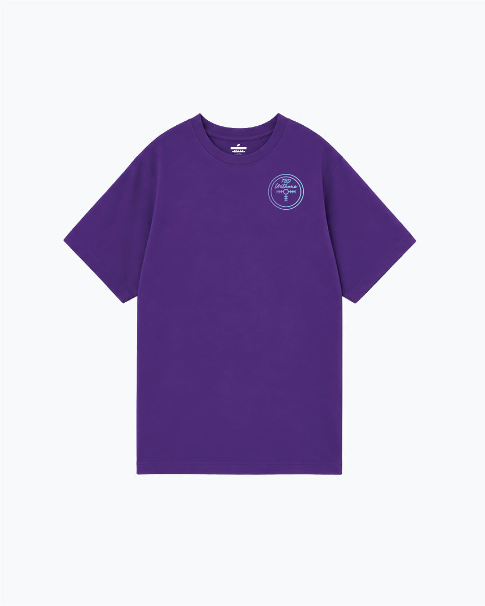 Purple short sleeve t-shirt with small circular chest graphic