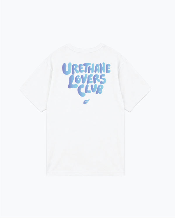 White tee with blue Urethane Lovers Club text and small logo, back view