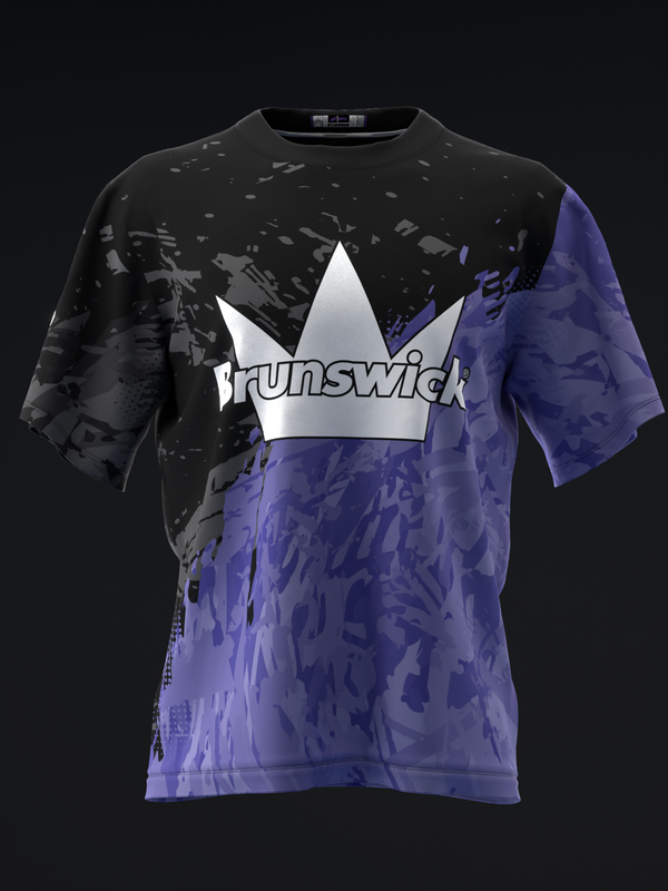 Black and purple bowling jersey with Brunswick crown logo and grunge pattern, front view