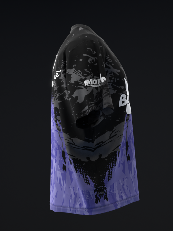 Black and purple bowling jersey with grunge graphic design, front view