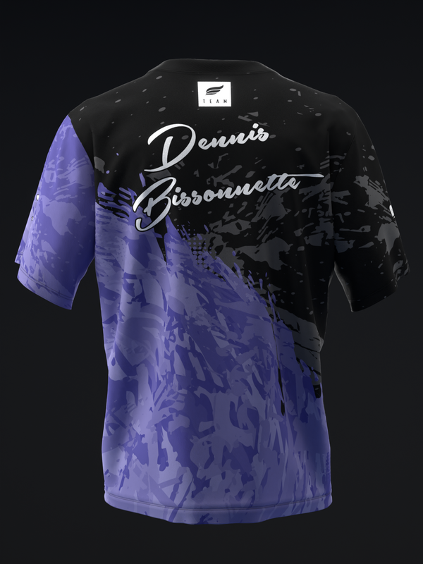 Black and purple grunge bowling jersey with script text design, back view