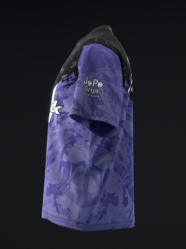 Purple camouflage bowling jersey with JoPa Grips logo and graphic design