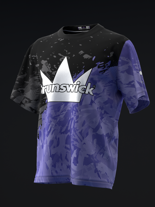 Brunswick bowling jersey with black and purple grunge camo pattern, front view