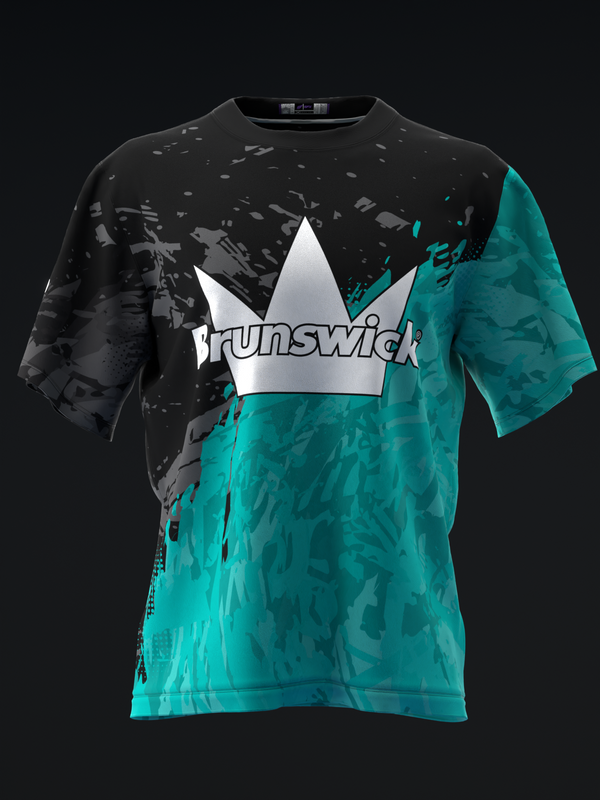 Black and teal bowling jersey with grunge texture and white crown logo