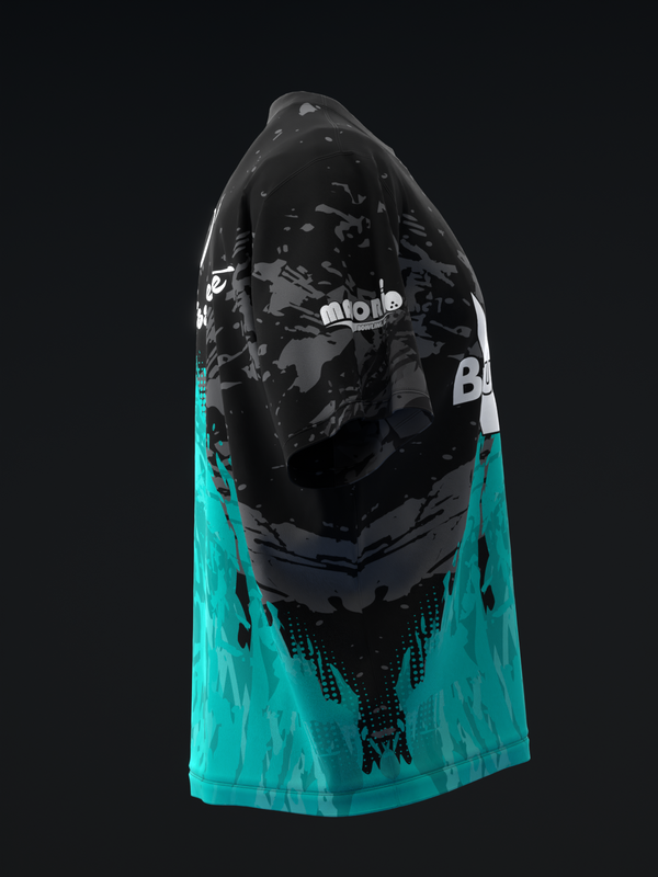 Black and teal bowling jersey with grunge graphic design, front view