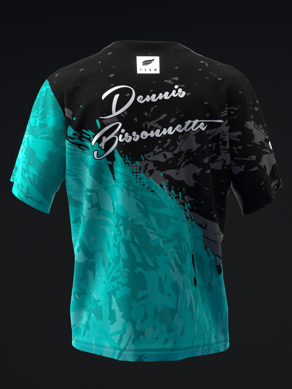 Black and turquoise bowling jersey with script text and grunge graphic design