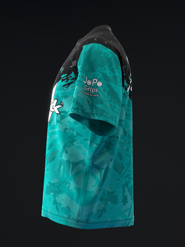 Turquoise bowling jersey with darker abstract grunge pattern, side view
