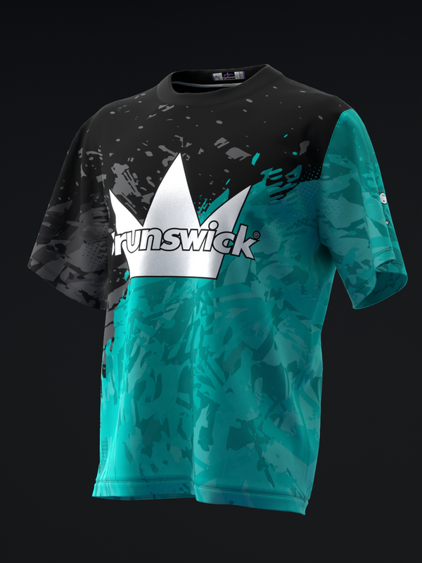 Black and teal bowling jersey with crown logo and grunge pattern, front view
