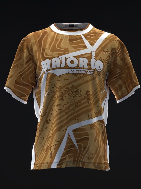 Golden bowling jersey with white trim and swirled marble pattern design front view