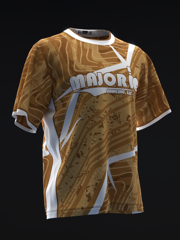 Brown and tan marble pattern bowling jersey with white accent trim and logo