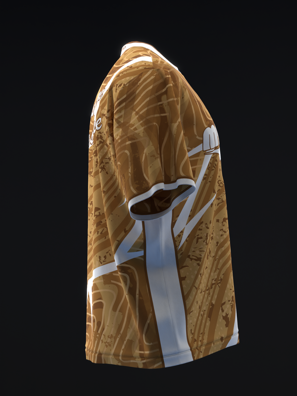 Gold and white bowling jersey with textured grain pattern and blue accent stripe