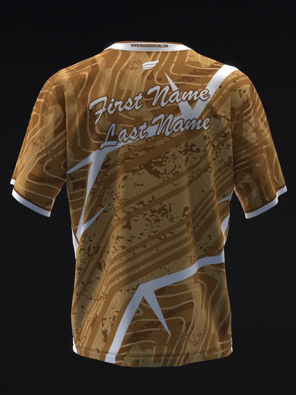 Golden bowling jersey with white abstract swirl design and personalization text