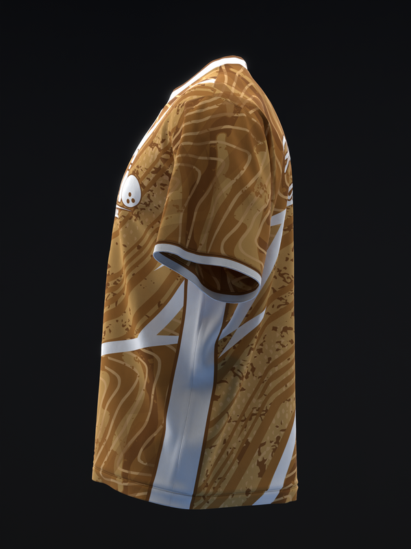Gold bowling jersey with white vertical stripe and abstract pattern detail