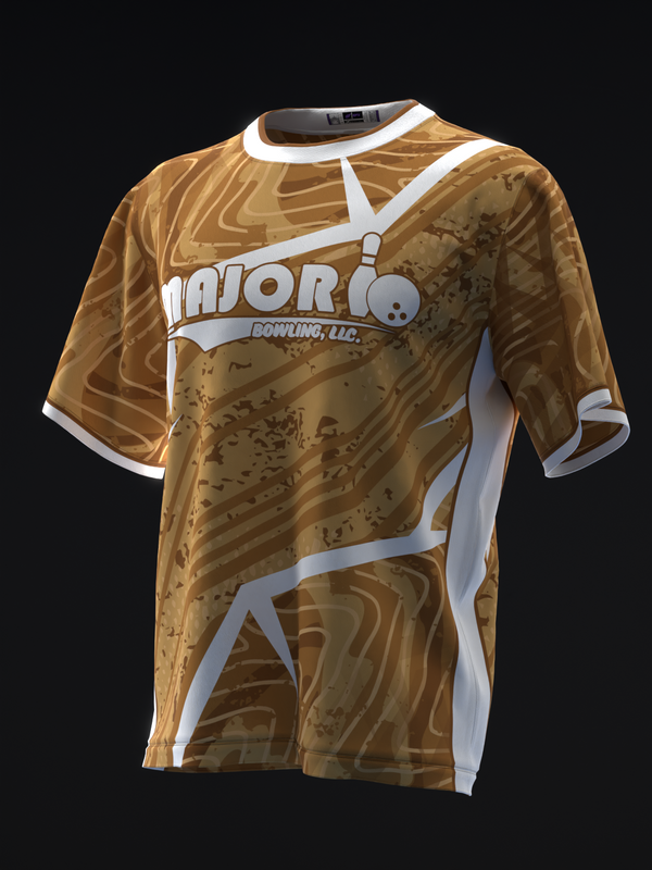 Golden bowling jersey with white accents and marble pattern design, front view