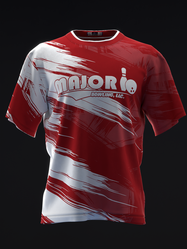 Red and white bowling jersey with diagonal streaks and Major Bowling logo, front view