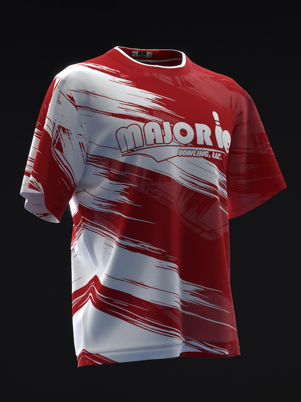 Red and white bowling jersey with dynamic diagonal stripe pattern and logo