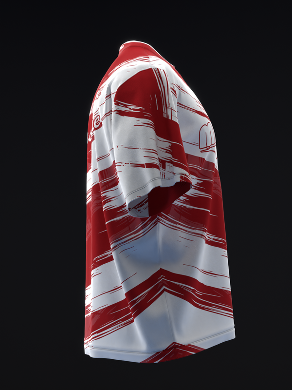 Red and white bowling jersey with chevron stripe pattern, side view