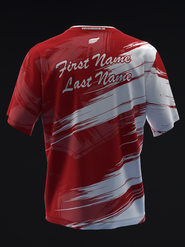Red and white bowling jersey back view with personalized name placement and diagonal stripe pattern