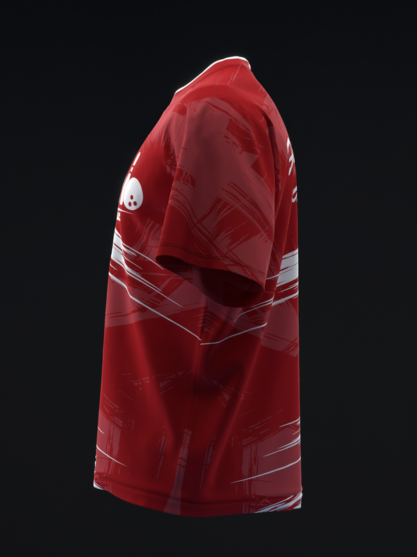 Red bowling jersey with white stripe design and geometric pattern detail