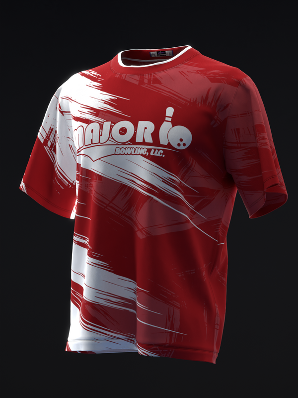 Red and white bowling jersey with brushstroke graphic design and logo