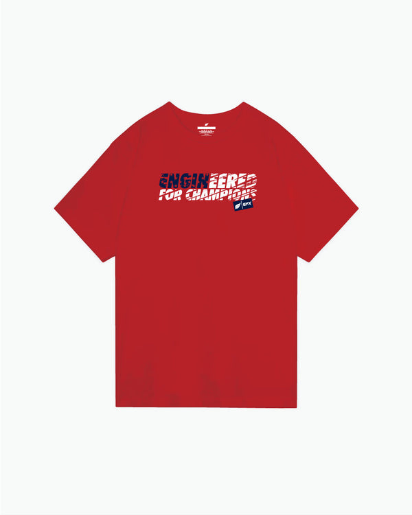 Red t-shirt with blue and white text graphic on front chest