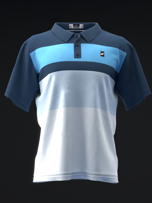 Navy and white bowling polo with light blue and dark stripe detail