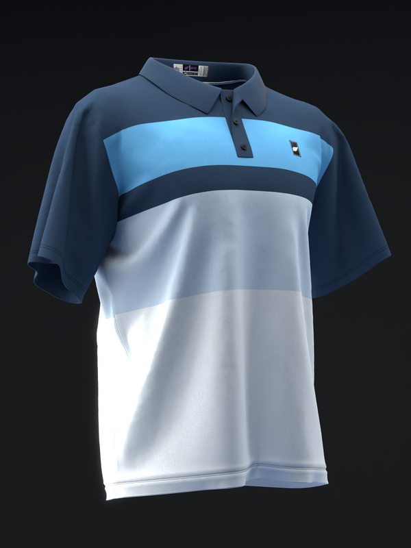 Navy, light blue, and white striped polo shirt front view with collar