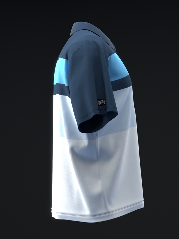 Blue and white bowling polo with color-block sleeves, side view