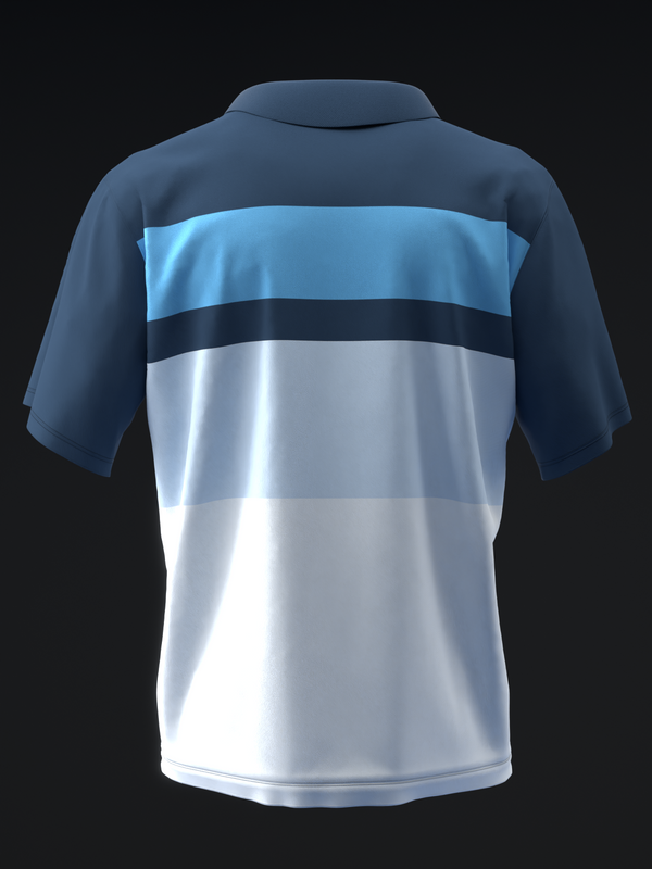 Bowling polo with dark blue sleeves and white body with light blue and navy stripes