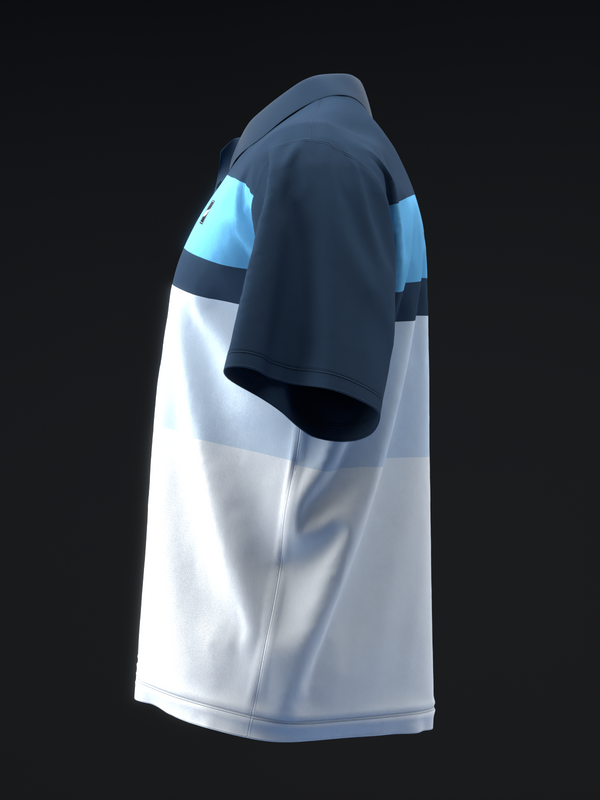 Navy and white bowling polo with light blue shoulder stripe detail, side view