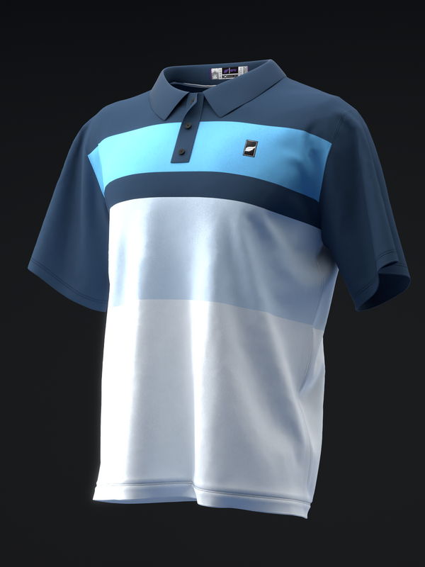 Navy and light blue striped polo shirt with white panel and small chest logo